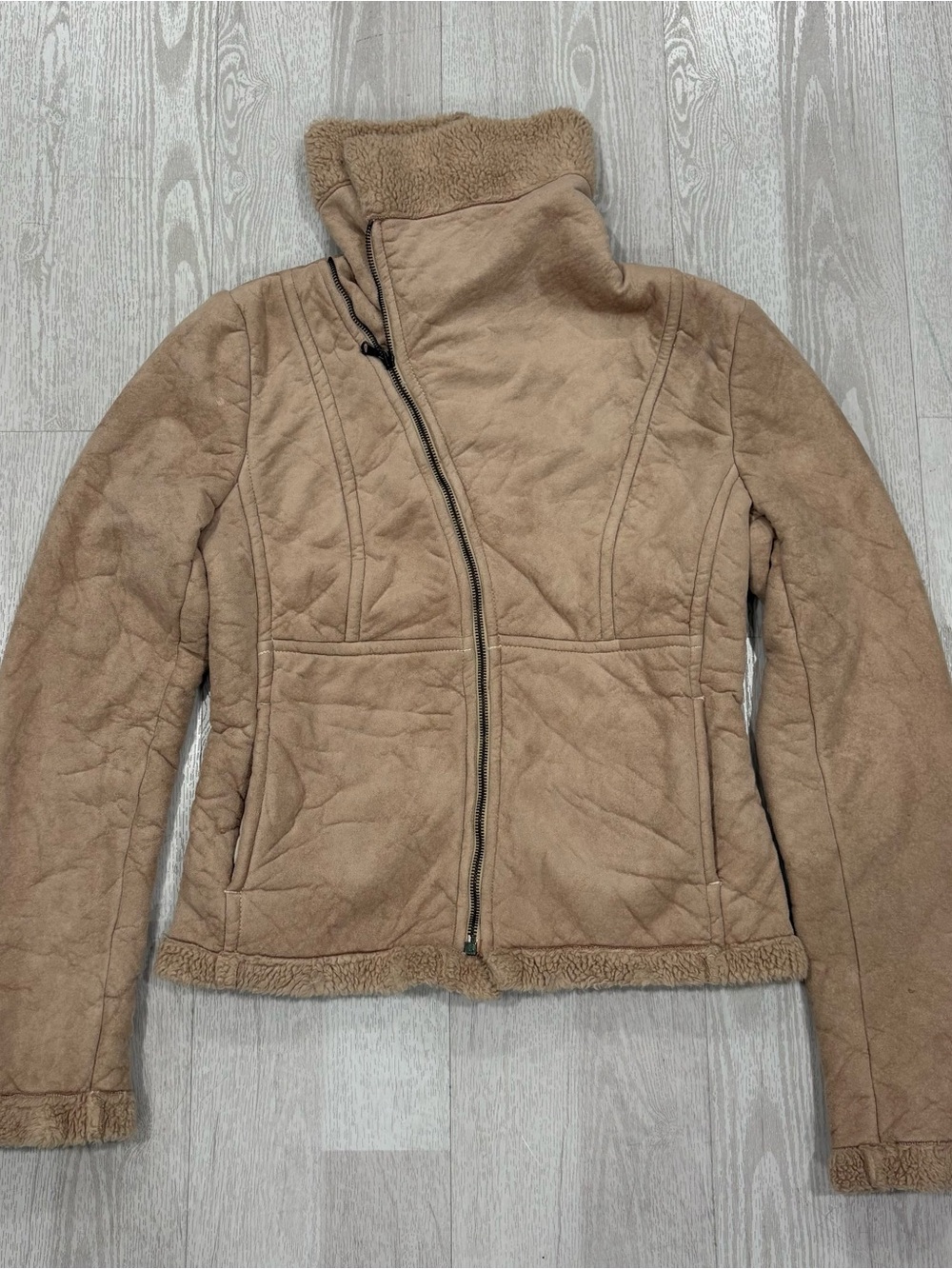Zara TRF Womens Medium Tan Faux Suede Sherpa Lined Asymmetric Zip Jacket Coat